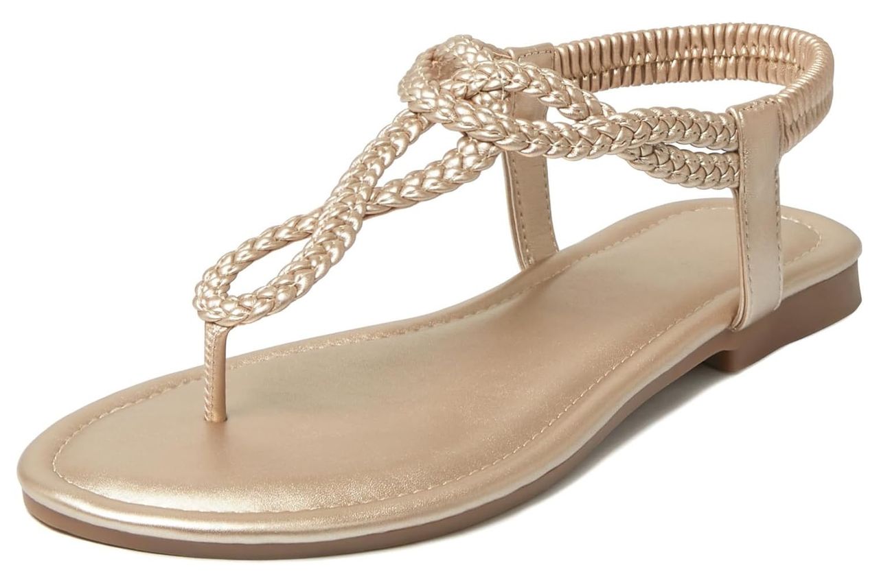 iCKER Womens Braided T‑Strap Flat Sandals Elastic Stretch Ankle Strap | Boho cute casual lightweight and comfort matches dresses for beach vacation