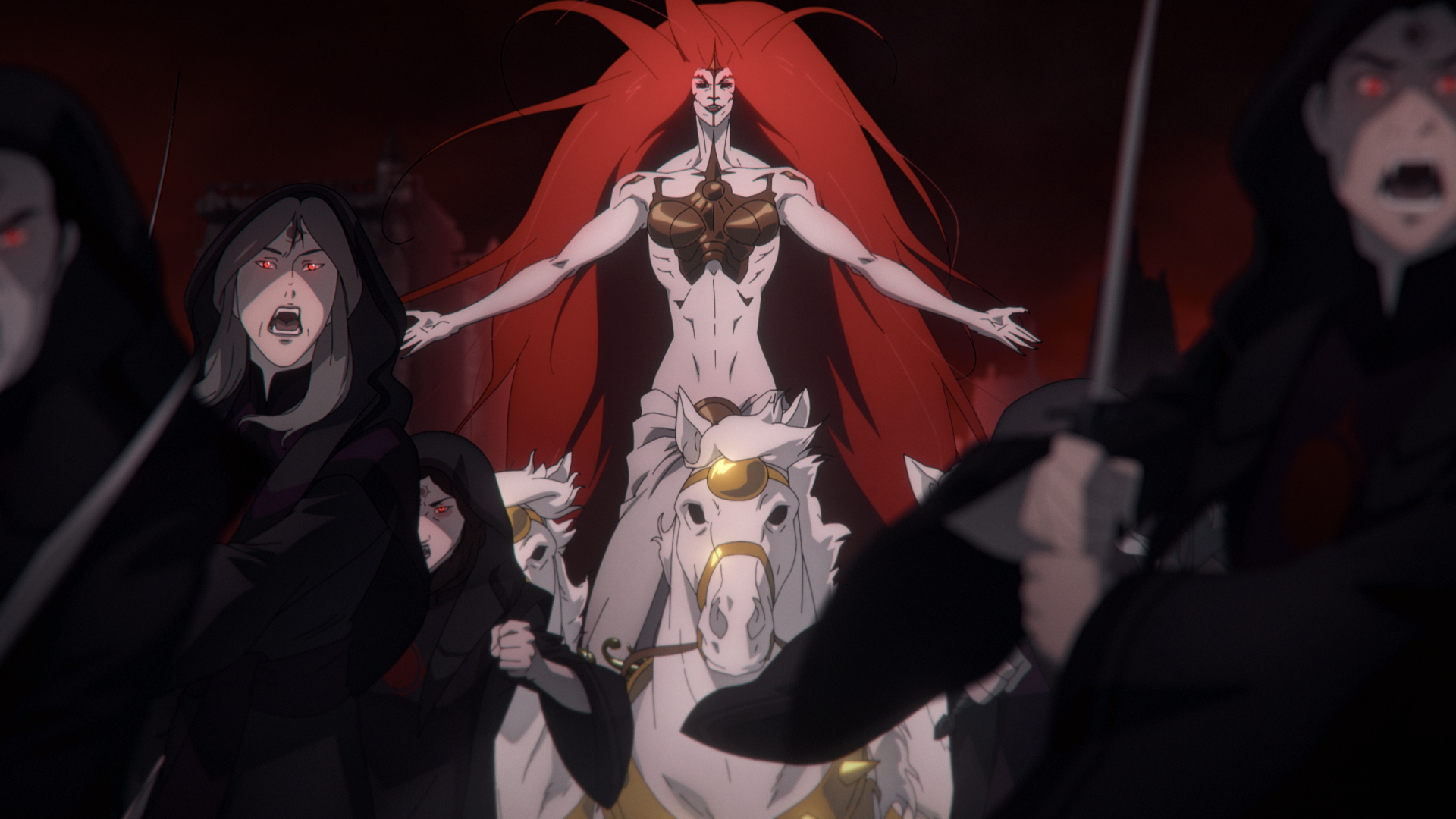 Screenshots from the brand-new trailer of Castlevania: Nocturne Season 2 continue the story of Richter Belmont fighting the resurrection of the Vampire Messiah with Maria Renard, Annette and Alucard, the son of Dracula.