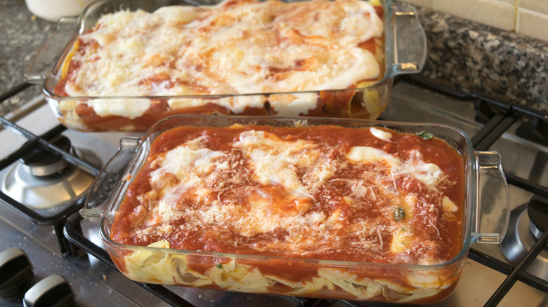 Lasagna cooked in Pyrex dishes