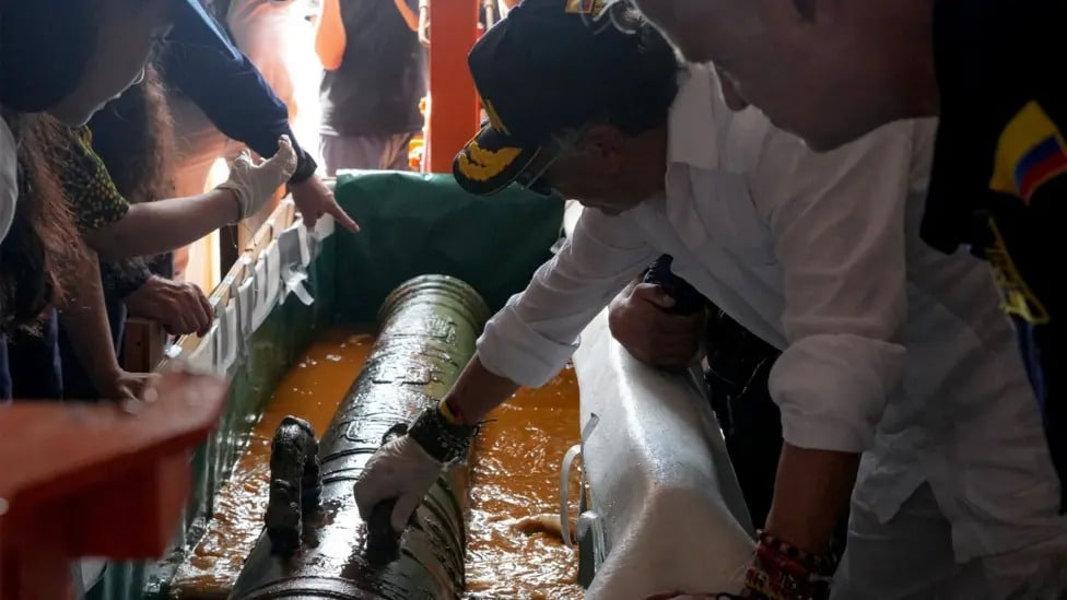 Colombian President Gustavo Petro looking at a bronze cannon from the wreck of the San José. Credit: Colombian presidency/Reuters