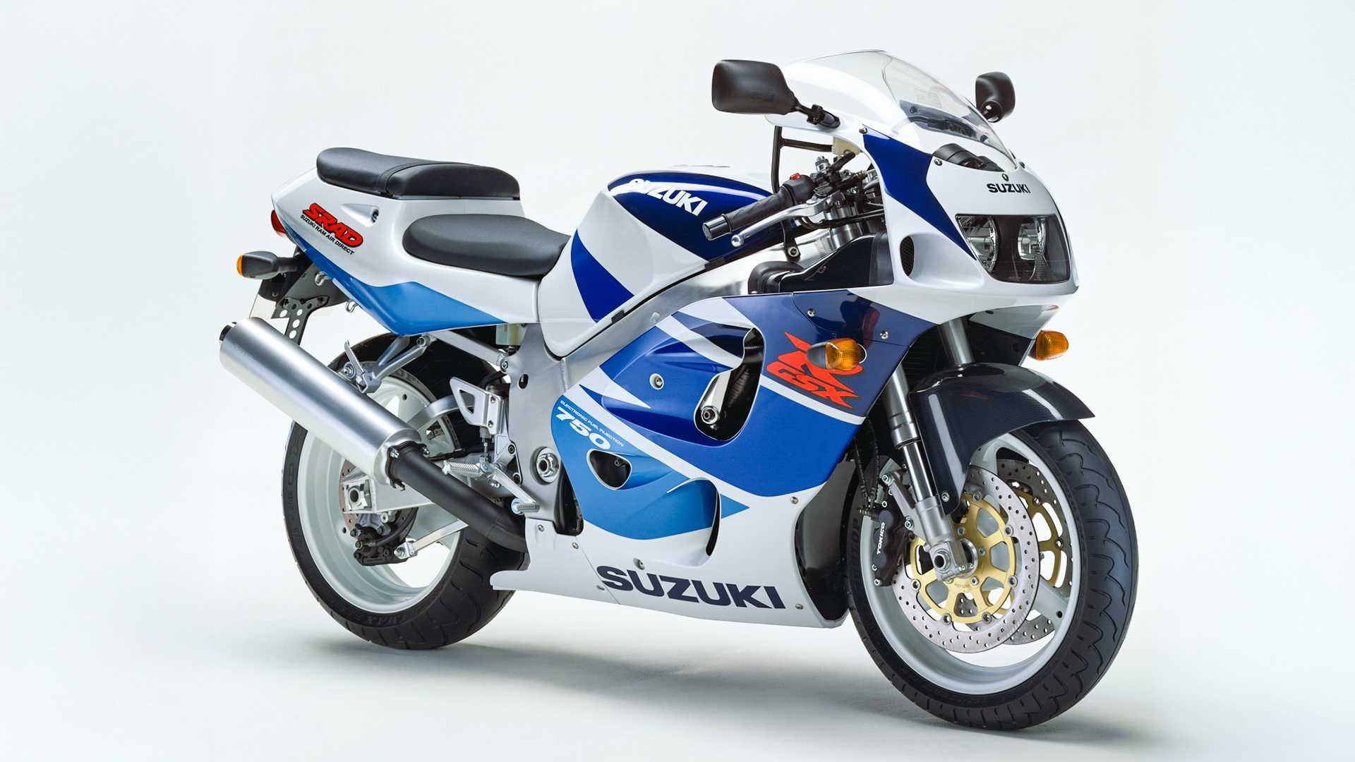 Studio image of front right 3 quarter of 1998 Suzuki GSX-R750 SRAD