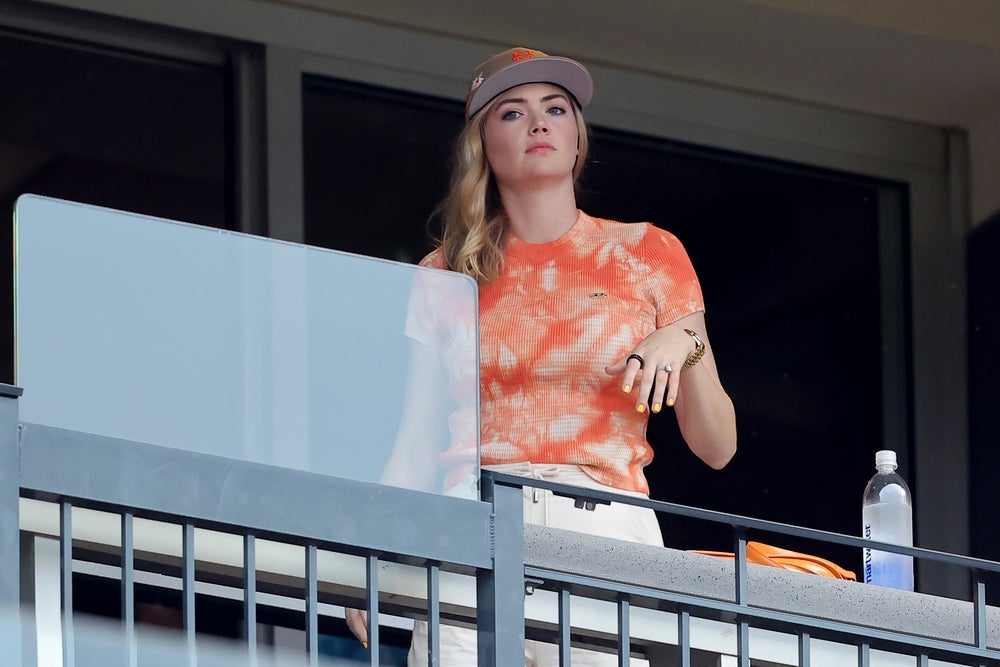 Jul 14, 2023; New York City, New York, USA; American supermodel Kate Upton watches from a suite before a game between the New York Mets and the Los Angeles Dodgers at Citi Field. Mandatory Credit: Brad Penner-Imagn Images