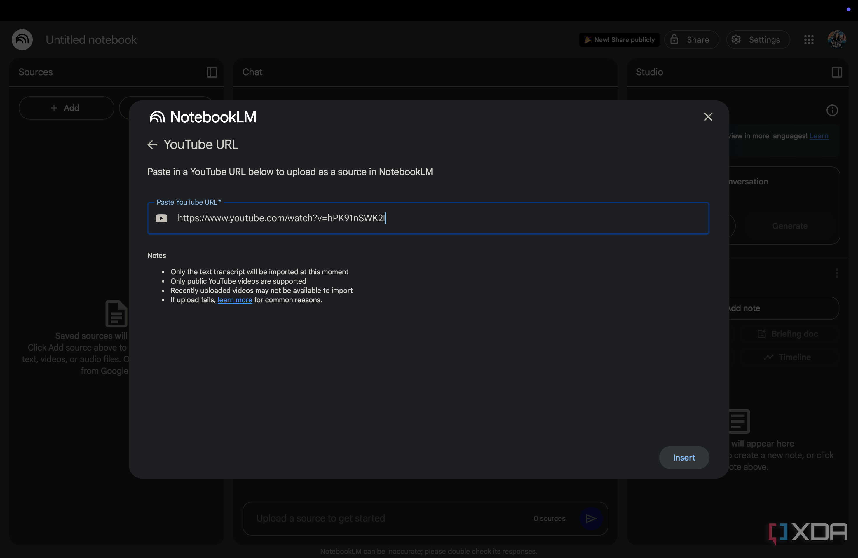 Uploading a YouTube URL as a source for a NotebookLM notebook