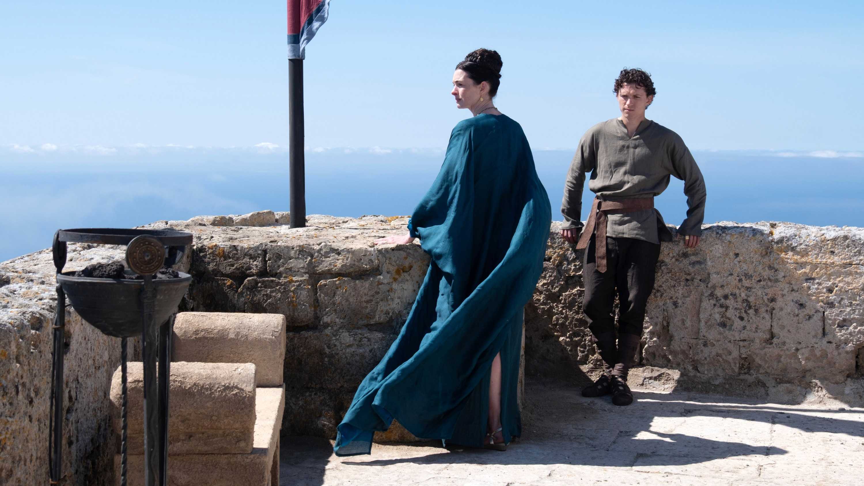 Penelope and Telemachus talking on a rooftop in The Odyssey