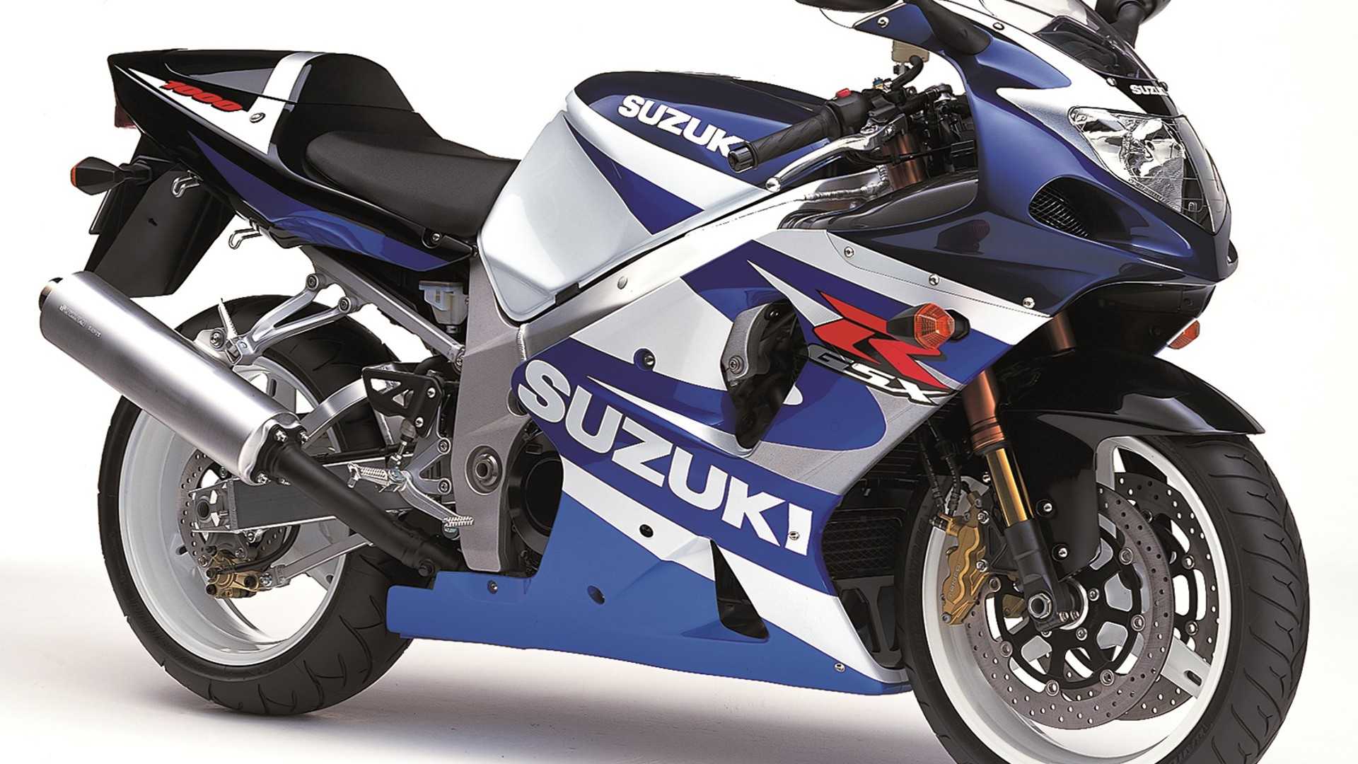 A side shot of the 2001 Blue and White Suzuki GSX-R1000