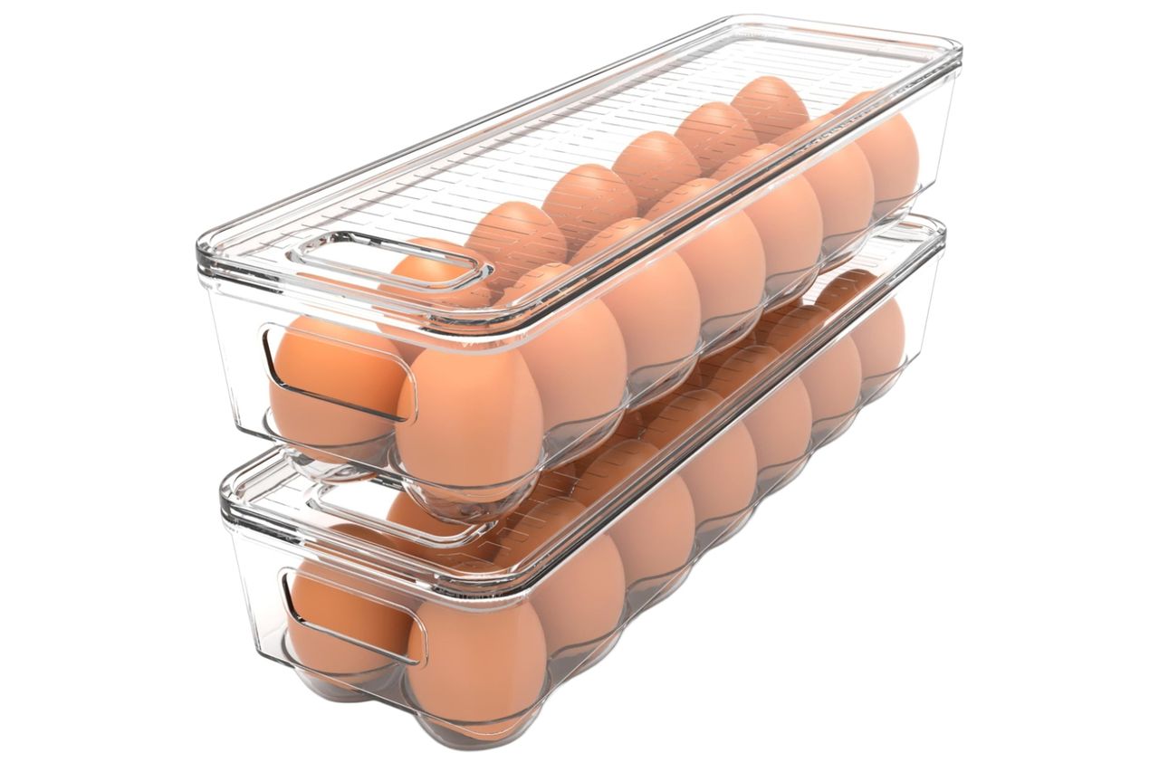 Utopia Home Egg Container With Lid and Handle for Refrigerator Organization- Pack of 2 - Clear Stackable Egg Holder for Kitchen or Pantry Organizers and Storage