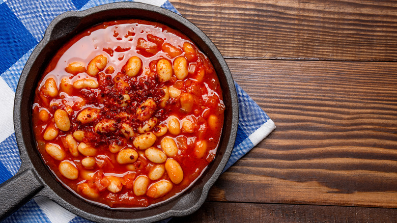 Baked beans in a cast iron skillet