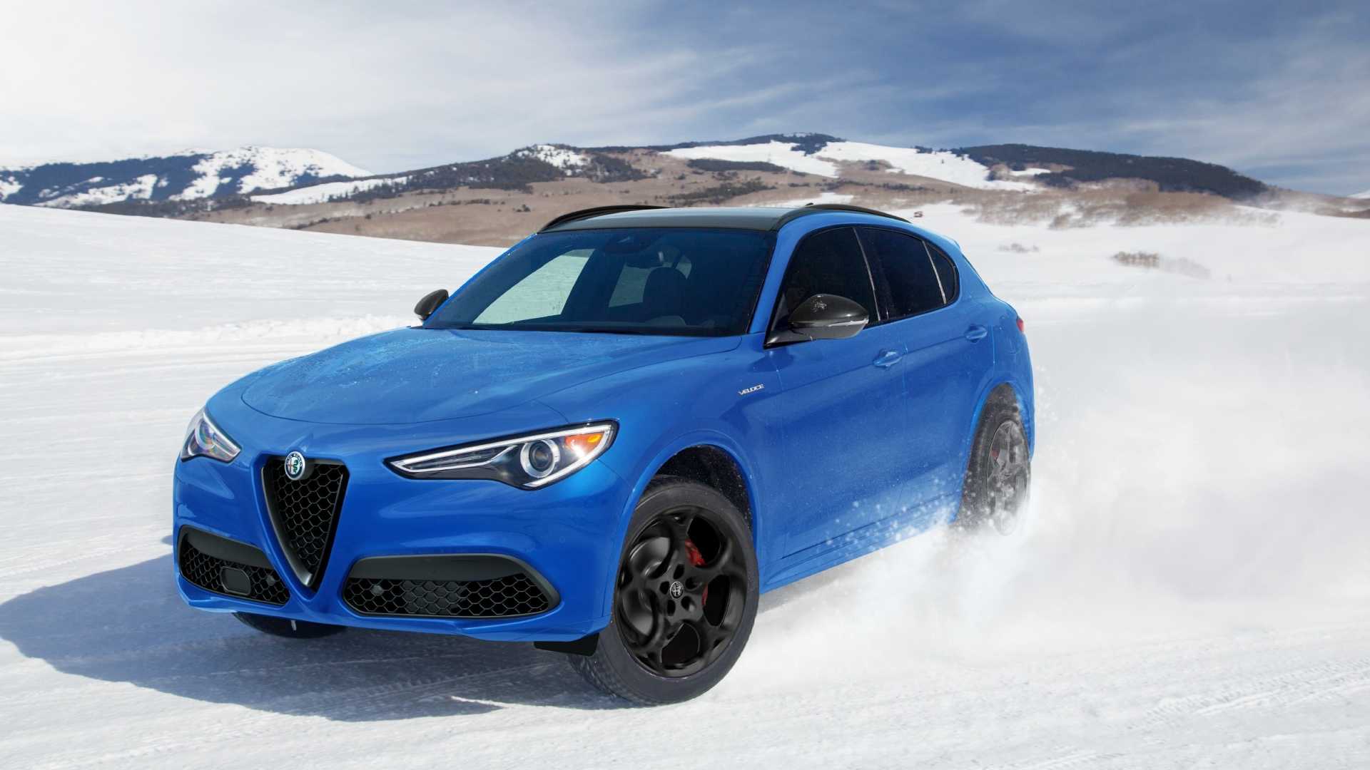 Front 3/4 action shot of a 2023 Alfa Romeo Stelvio
