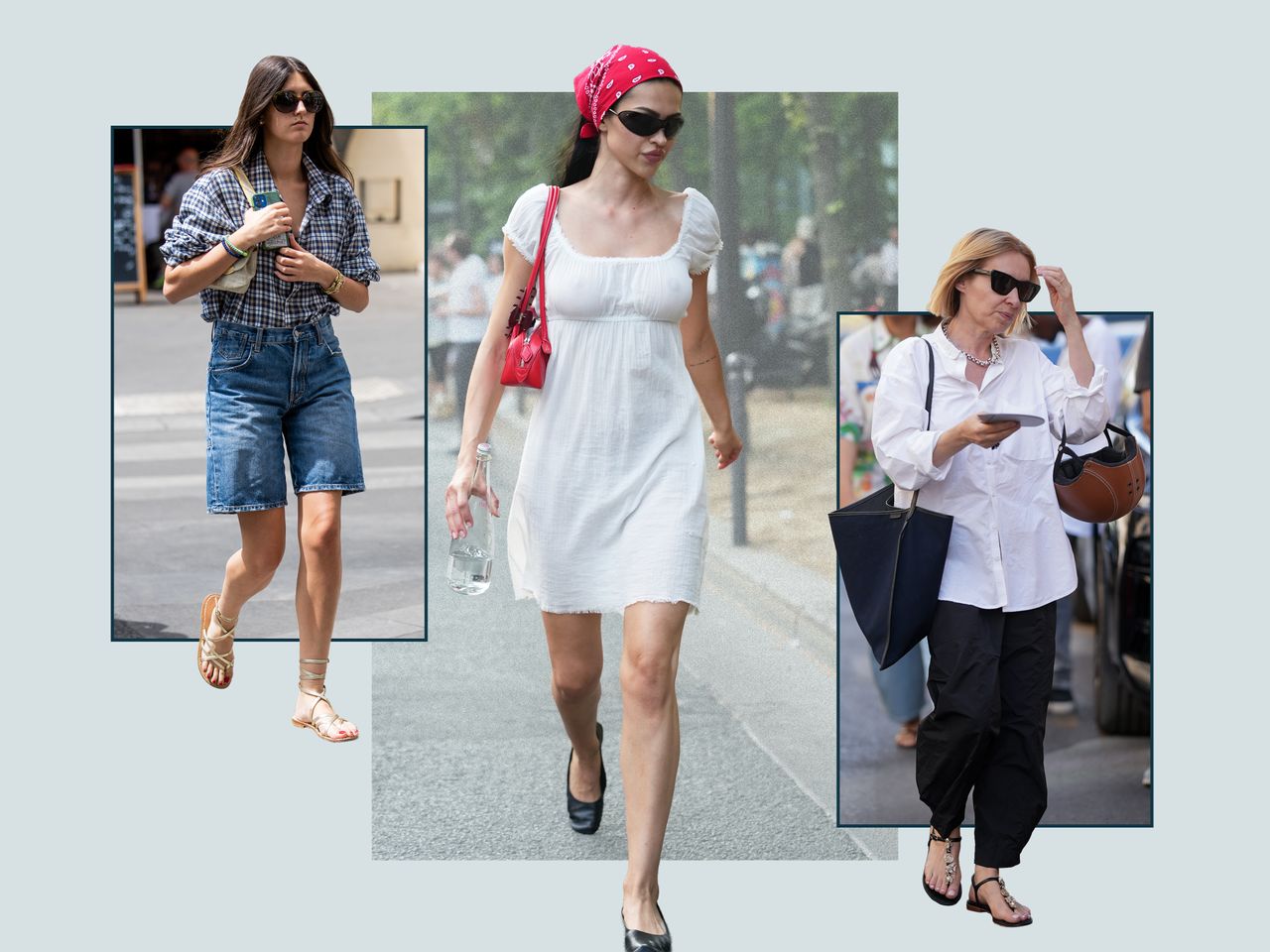 Three individuals showcasing casual streetwear fashion including plaid shirt and denim shorts white dress and loose shirt with trousers
