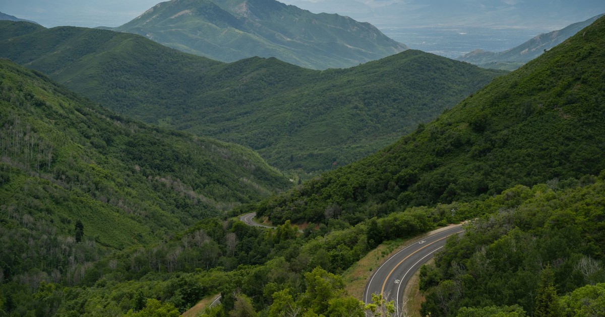 Aerial view of a winding road through lush green mountains near Salt Lake City, Utah.
