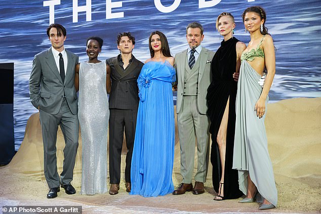 Whilst reviews for Nolan's 13th feature have been universal in praise, there has been criticism of the filmmaker's choice to modernise the dialogue and deviate from Homer's ancient source material. Pictured: Robert Pattinson, from left, Lupita Nyong'o, Tom Holland, Anne Hathaway, Matt Damon, Charlize Theron, and Zendaya