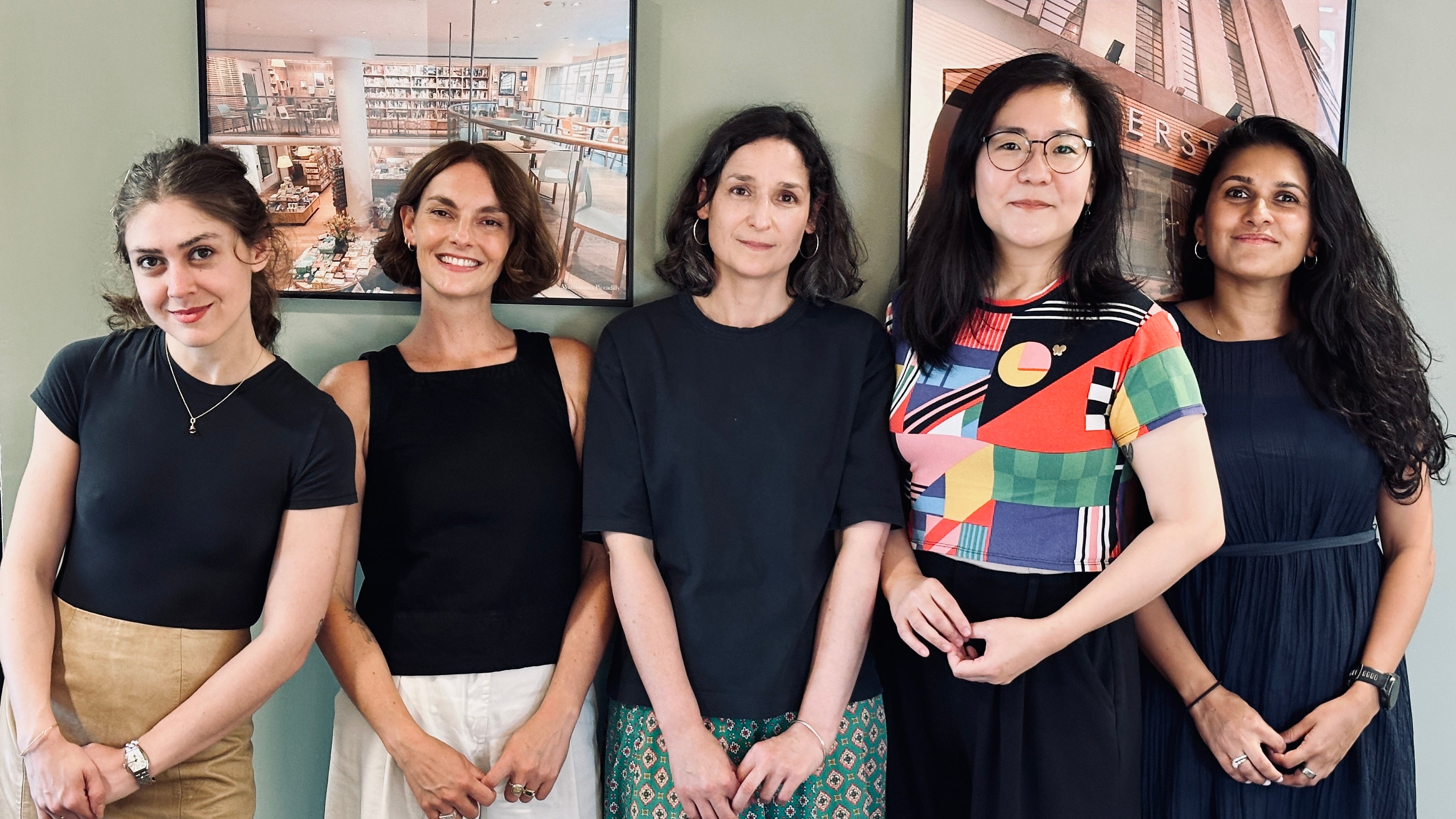 The shortlisted prize winners [left to right]: Madeleine Cash, Rebecca Perry, Angela Tomaski, Han Jiyoung, Tara Menon (Waterstones)