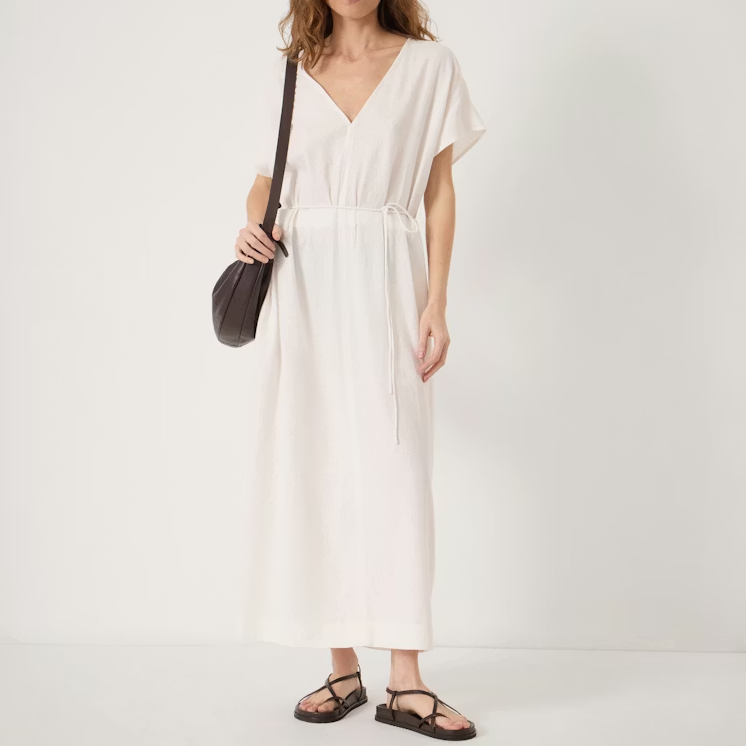 HUSH, Linen Blend White Midi Dress