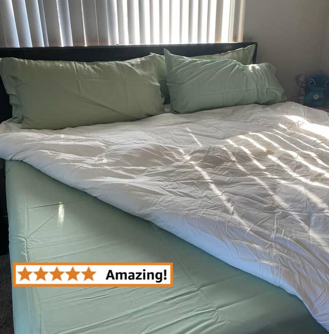 Reviewers sheets in sage green with five star review saying
