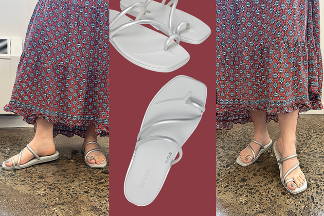 HuffPost shopping editor Lily Alig wearing the Crocs Miami toe loop sandals.
