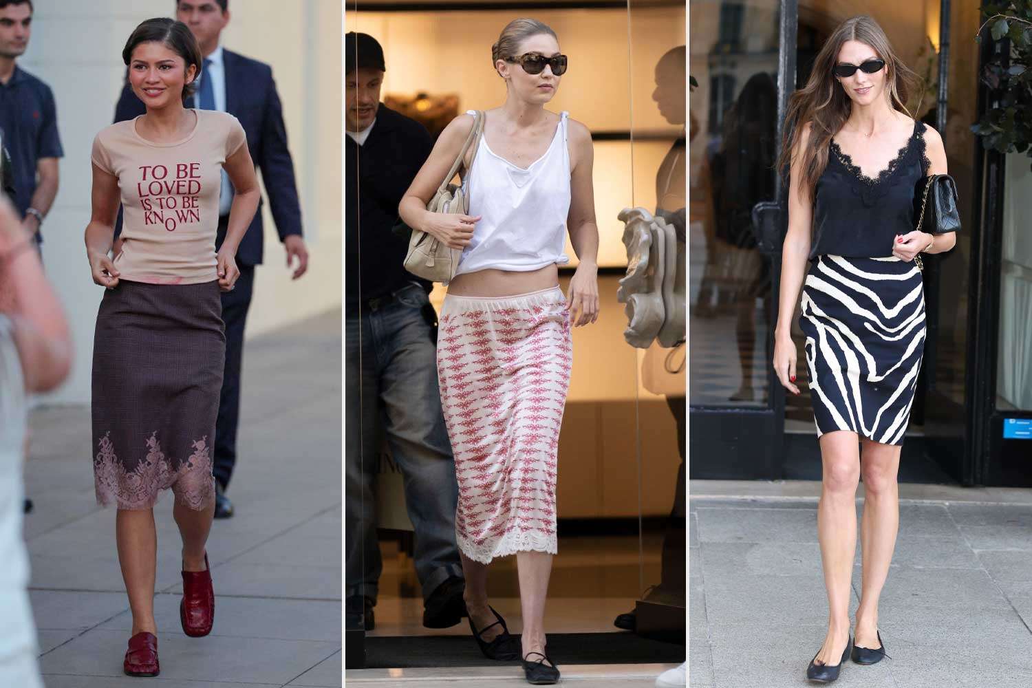 Zendaya, Gigi Hadid, and Karlie Kloss swapped stiff jeans for airy midi skirts in playful patterns — shop the trend