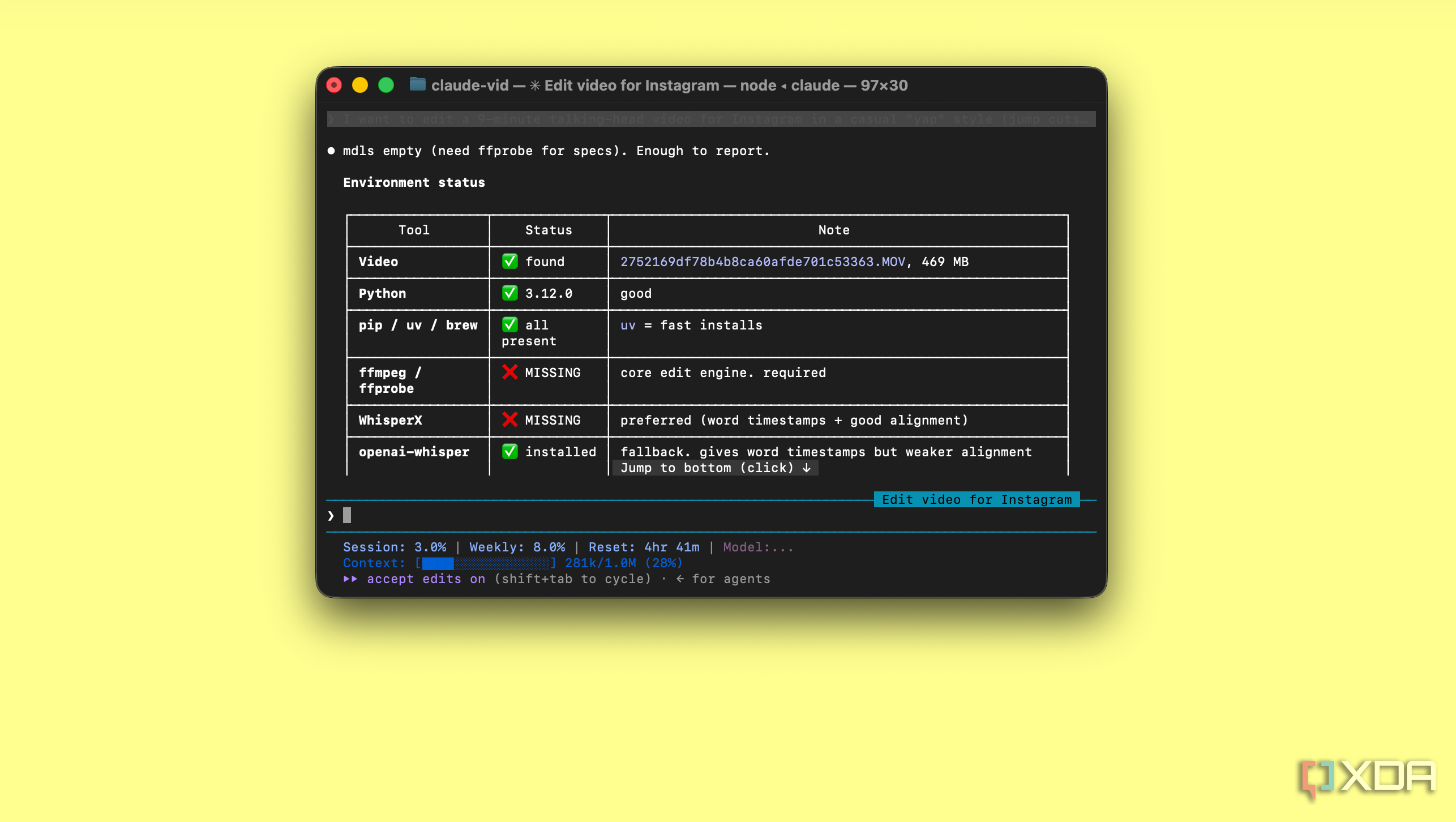 Claude Code terminal env status table, ffmpeg missing
