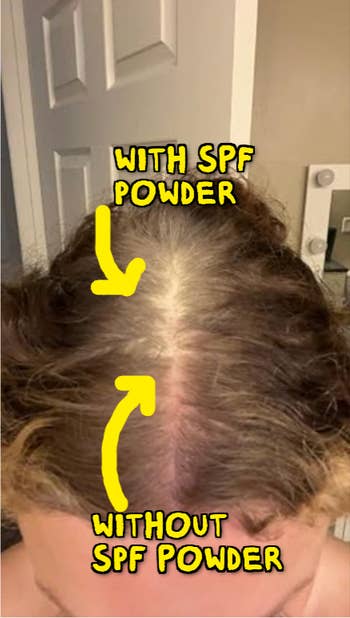 Comparison of hair with and without SPF powder, showing protection on the scalp