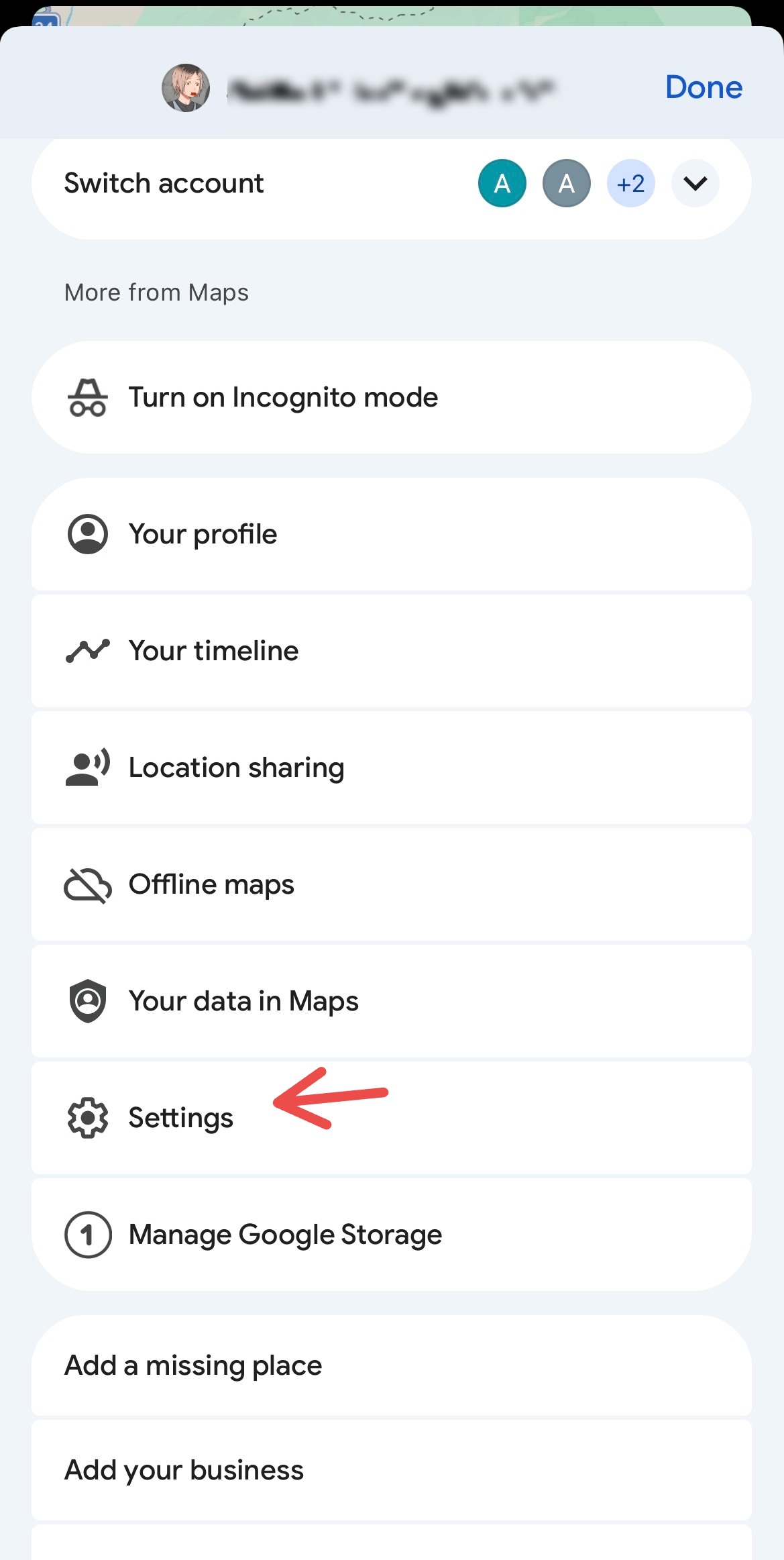 Settings in Google Maps.