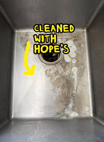 Stainless steel sink with visible dirt and grime, partially cleaned using Hope’s cleaner