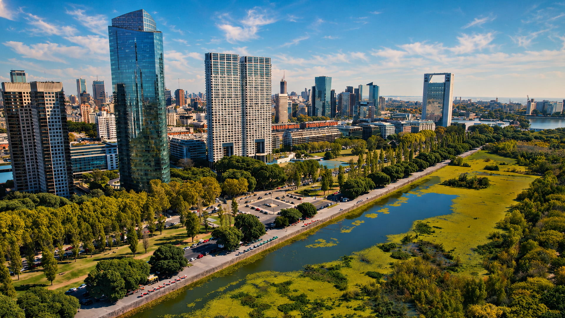 Modern towers rising beside green urban wetlands