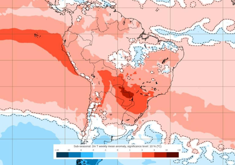 Previsão de anomalias de temperatura entre os dias 20 e 27 de Julho mostra que a próxima semana será marcada por temperaturas muito acima da média, com destaque para Paraguai e MS.