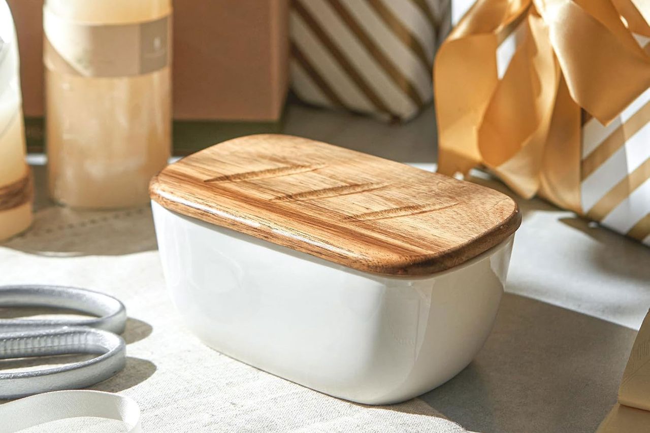 wooden container on marble counter