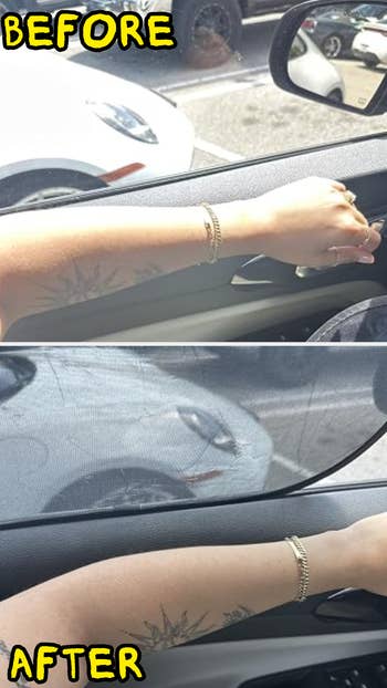 Car window before/after installing a sun shade. Sun glare reduced, interior protected