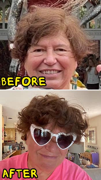 Two images: Top shows a smiling person with natural hairstyle; bottom shows the same person with styled curly hair and heart-shaped sunglasses