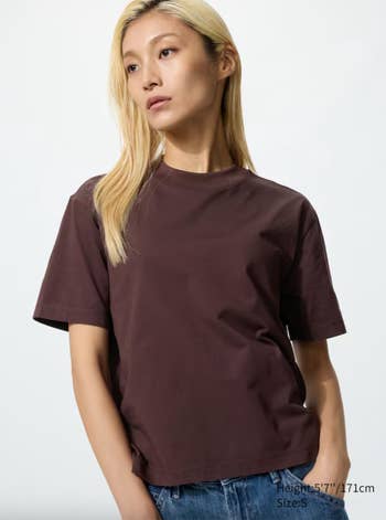 model wearing the shirt in dark brown