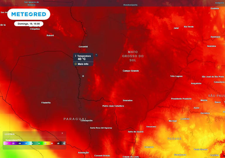 Previsão de temperaturas máximas no Domingo durante a tarde mostra que os termômetros no Mato Grosso do Sul e Paraguai podem registrar temperaturas altíssimas de até 40°C.