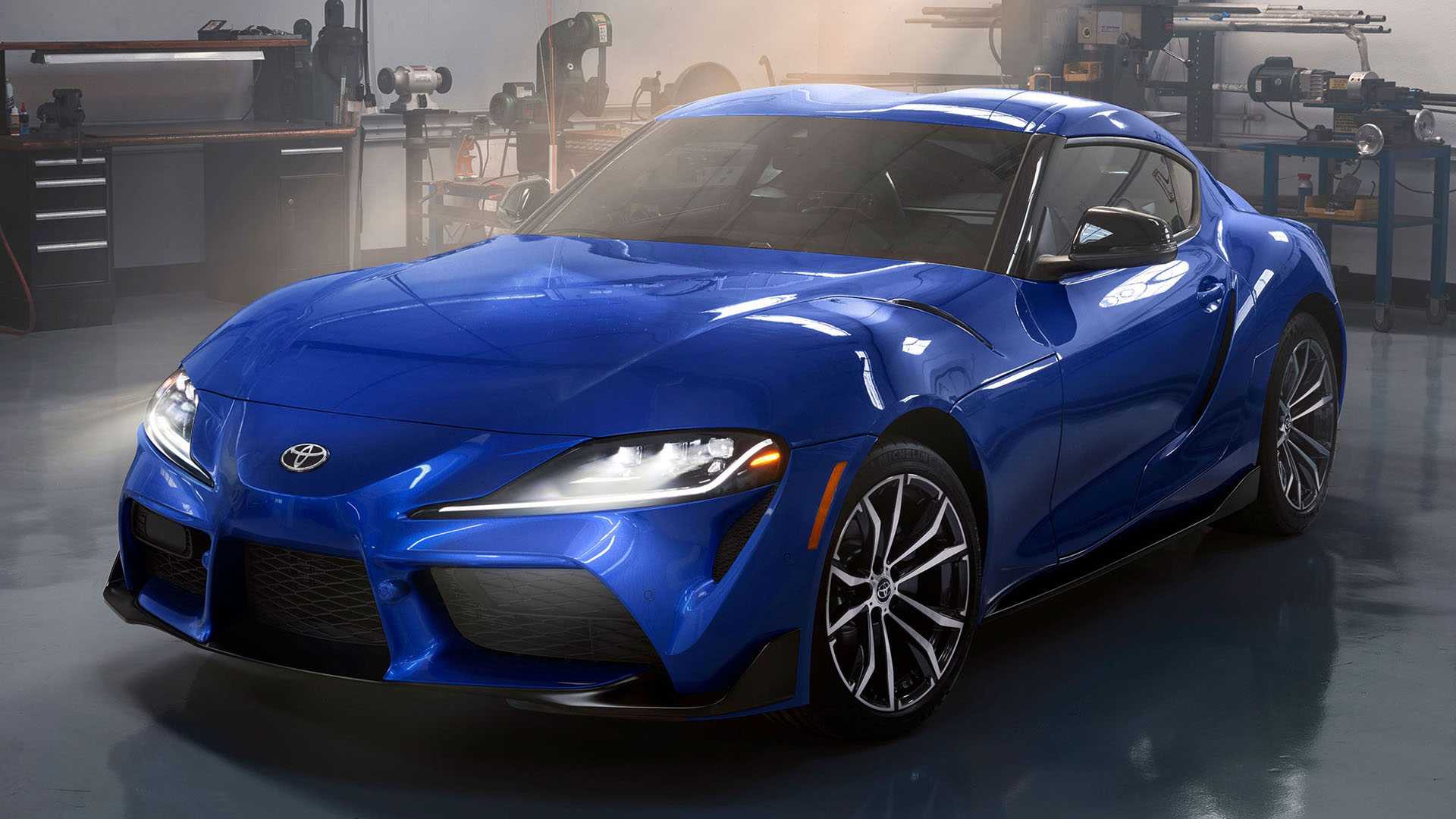 2024 Toyota GR Supra 2.0-liter Stratosphere, blue, front/left quarter view, indoor static shot