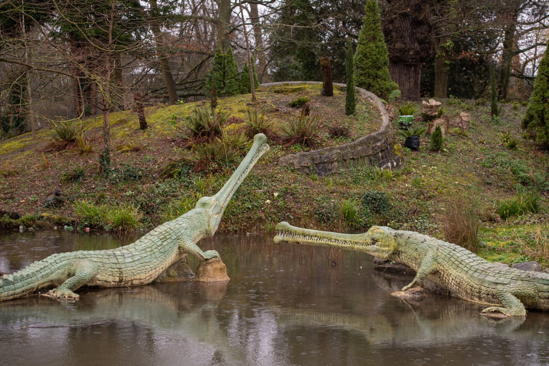 General view of some of the Crystal Palace Dinosuars, in Crystal Palace Park, London.