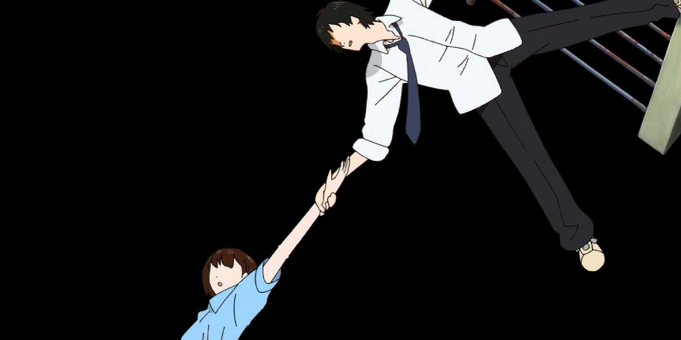 Nagara hangs on to the end of a railing to catch his classmate, Nozomi, by the wrist in Sonny Boy.