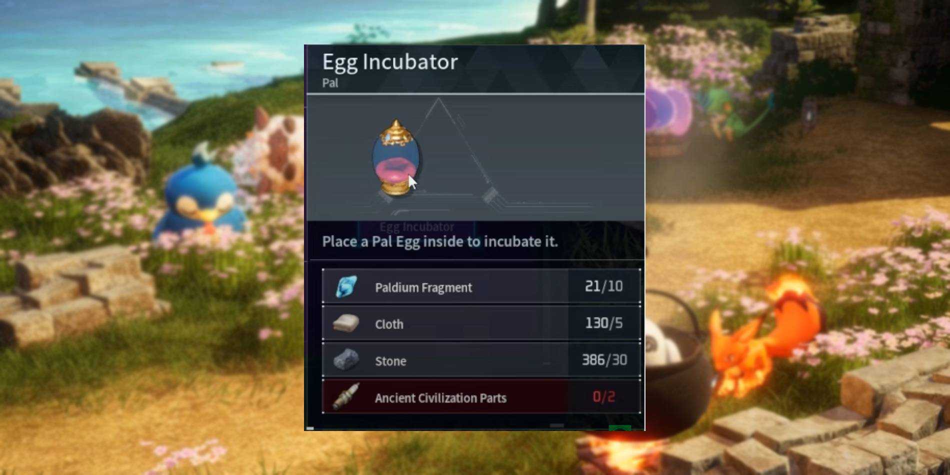 Palworld Egg Incubator with materials needed to craft new technology displayed