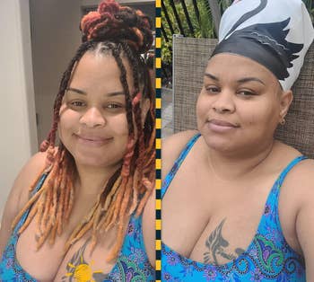 Person wearing a patterned swimsuit smiles in two images, showing a hairstyle change from styled locks to a headwrap