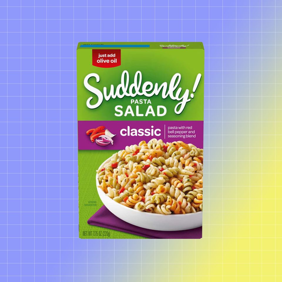 A box of Suddenly Pasta Salad Classic flavor classic mix against a gradient background