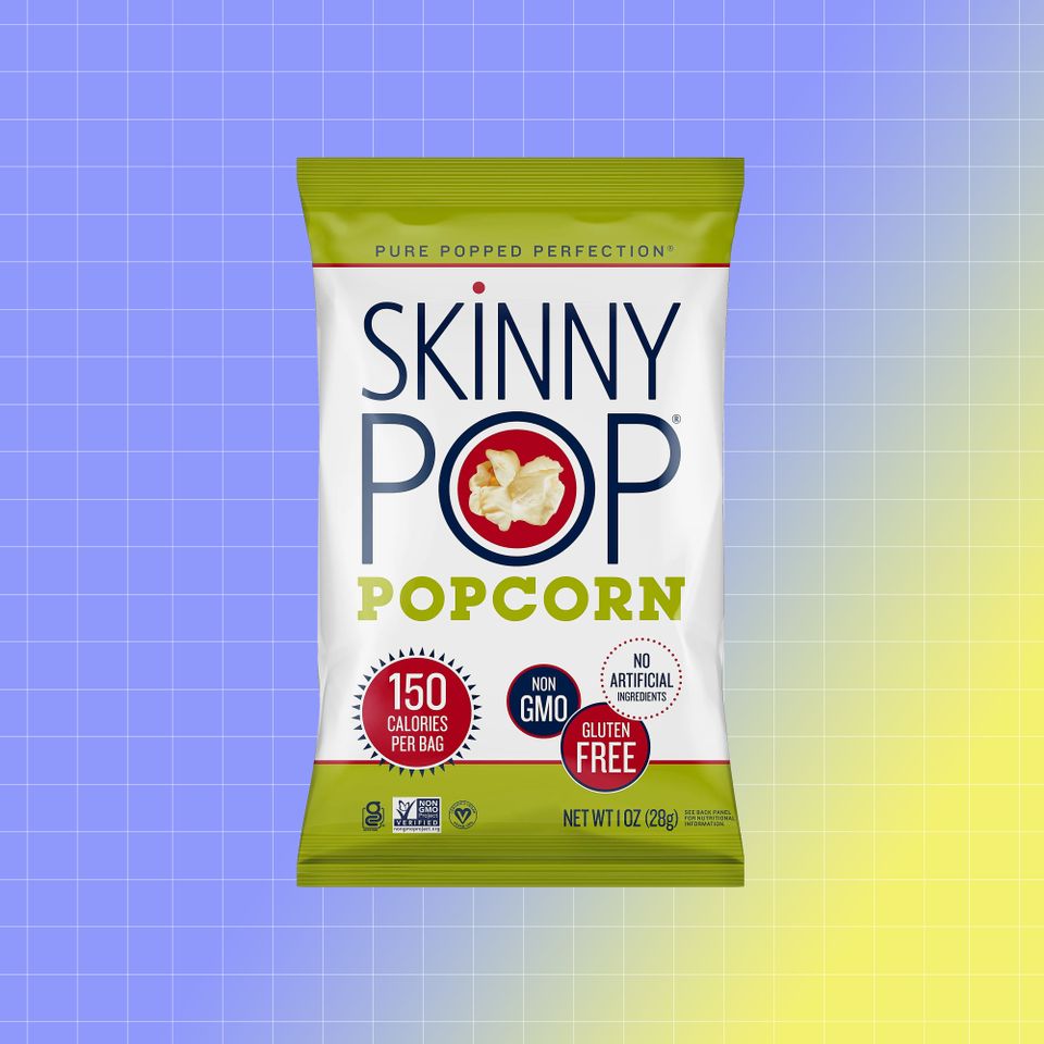 A bag of Skinny Pop Popcorn displayed against a gradient background