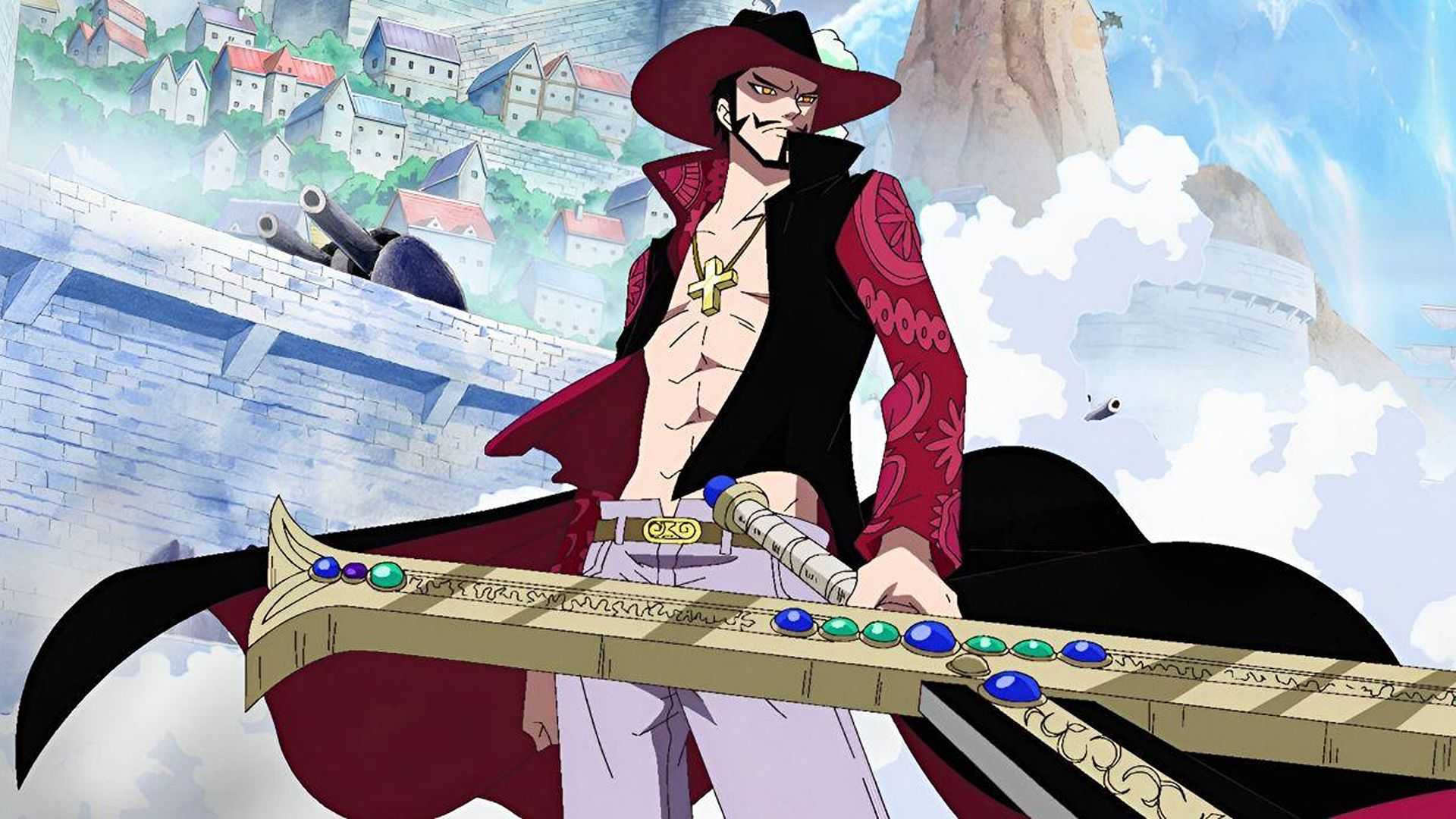 Dracule Mihawk holding Yoru at Marineford in One Piece