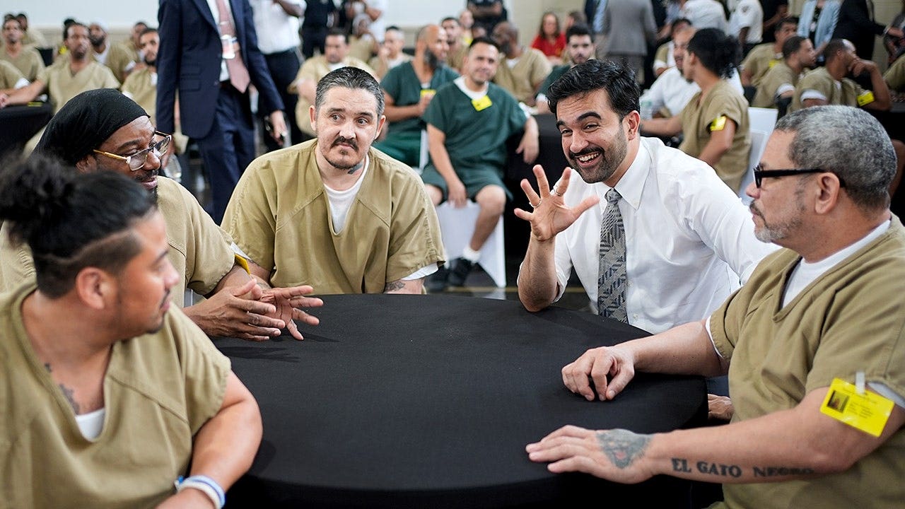 New York City Mayor Zohran Mamdani speaking with inmates on Rikers Island while they watch a World Cup semifinal soccer match on Wednesday, July 15, 2026, in New York.