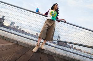 Nicole McLaughlin models Ugg's Classic Mini Deconstructed.