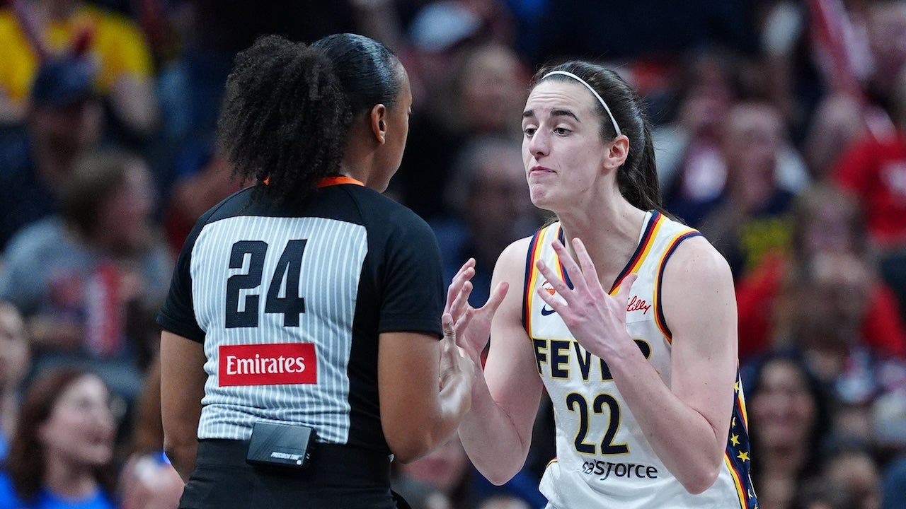Indiana Fever guard Caitlin Clark reacts to a referee during a game against the Golden State Valkyries at Gainbridge Fieldhouse in Indianapolis, Ind., on July 15, 2026.