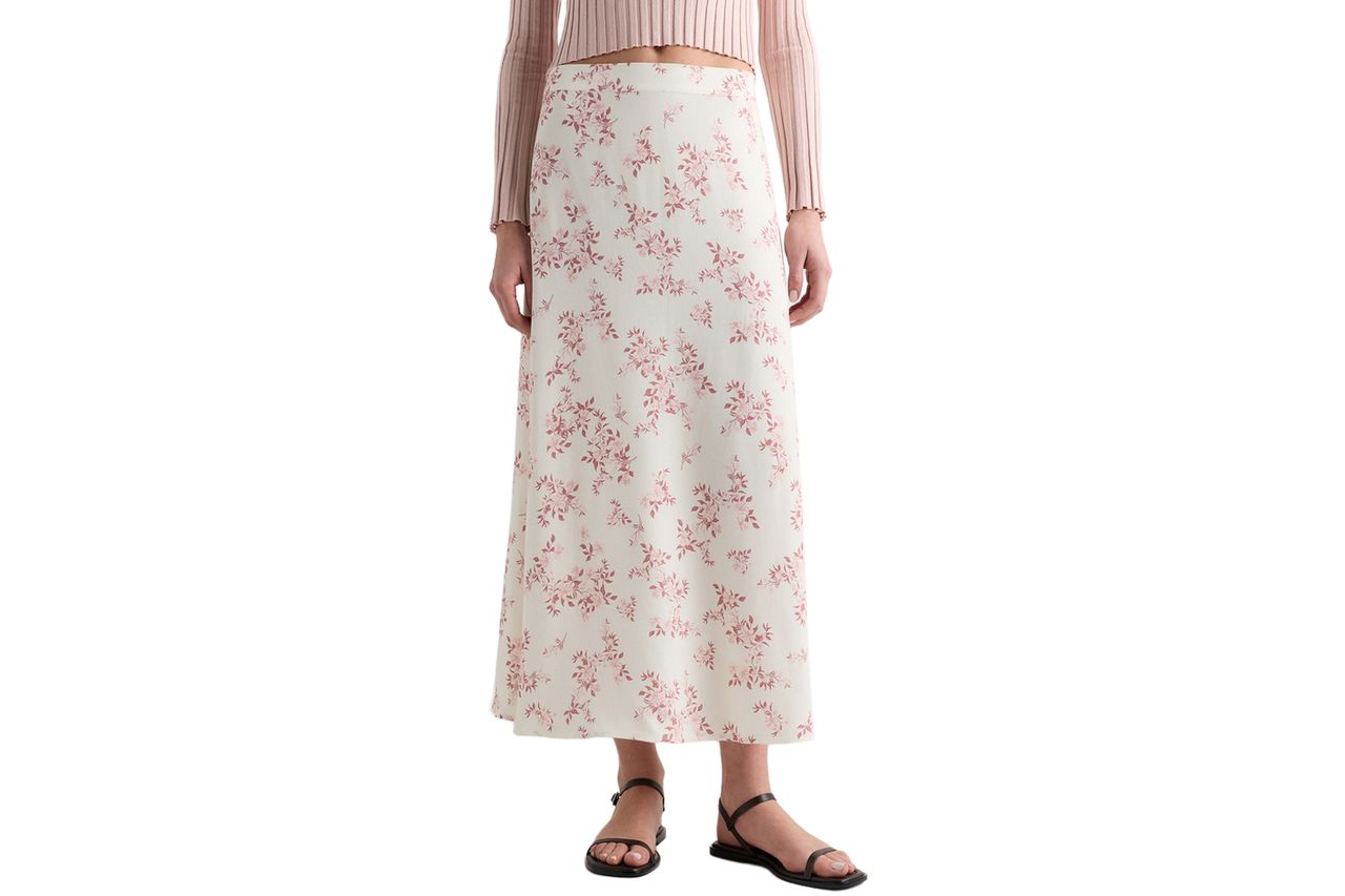 Lightweight Crepe Slip Skirt in Ivory Rose Pink Petite Floral