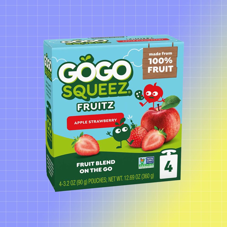 A package of GoGo squeeZ apple strawberry fruit blends against a colorful background