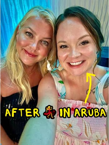 Two smiling women taking a selfie. The text reads