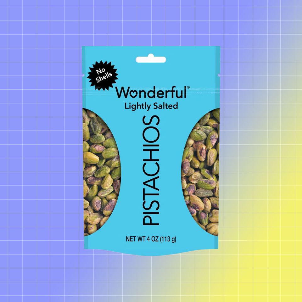 A bag of Wonderful Lightly Salted Pistachios against a gradient background