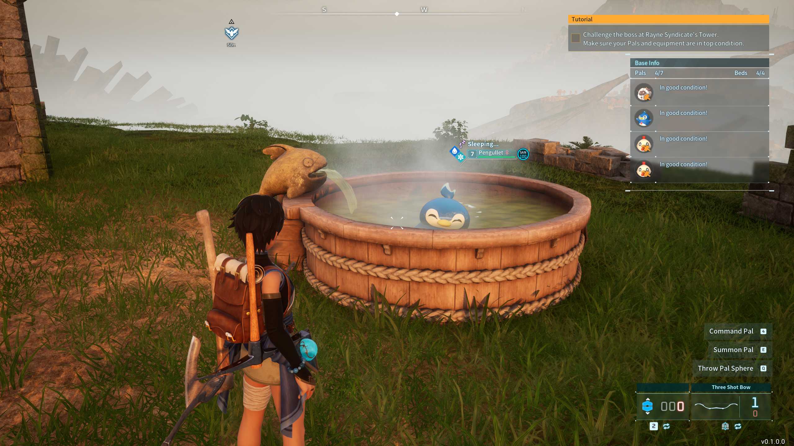 Palworld Player Watching Pengullet Relaxing In Hot Spring At Sunset