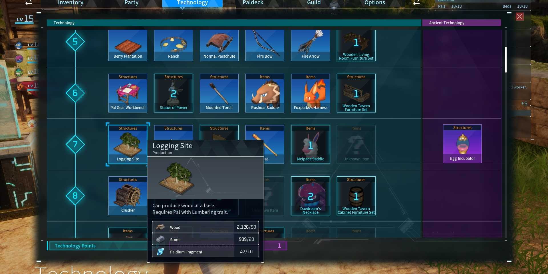 Logging Site upgrade in the Technology Tree in Palworld