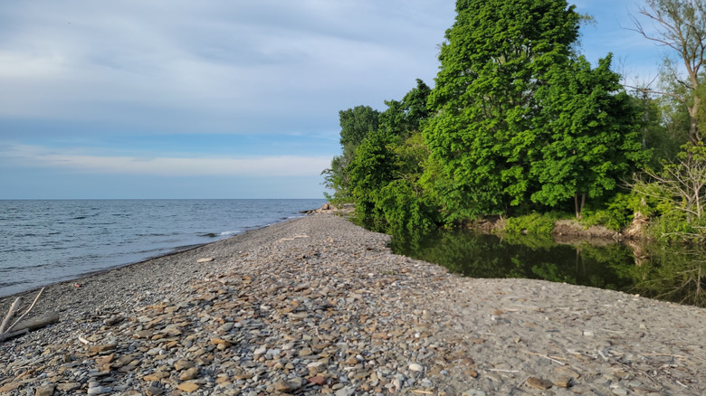 View of Lake Erie rocky shoreline at Arcola Creek Park in Ohio
