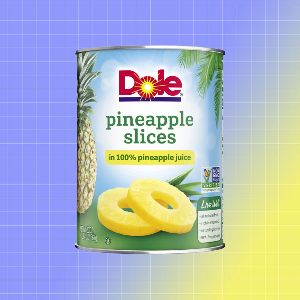 A can of Dole pineapple slices displayed against a colorful background labeled as being in 100 pineapple juice